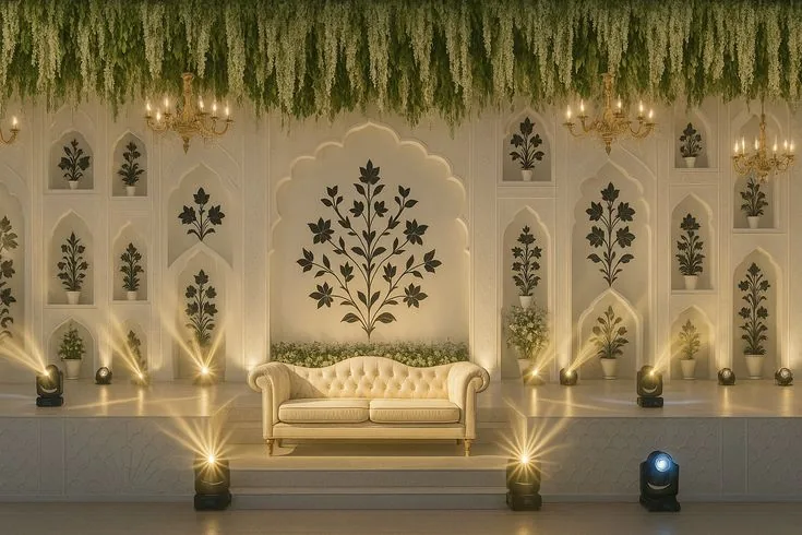 White jali style backdrop with hanging greens and classic sofa